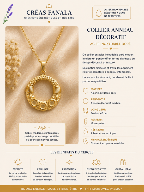 Collier anneau martelé – Acier inoxydable doré