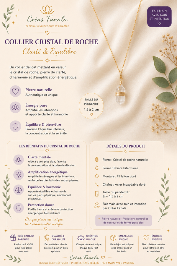 Collier Cristal de Roche – Acier Inoxydable Doré