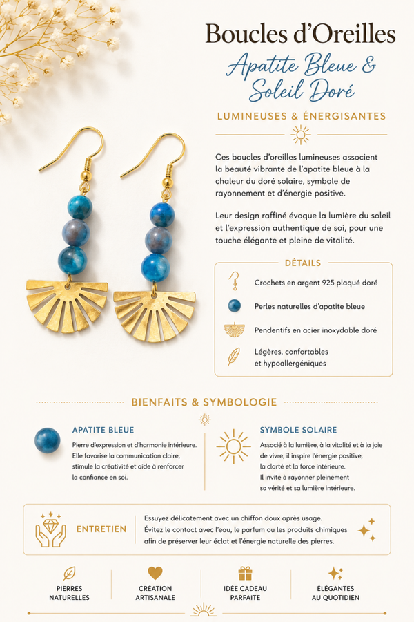 Boucles d’Oreilles Apatite & Soleil Doré – Expression & Harmonie