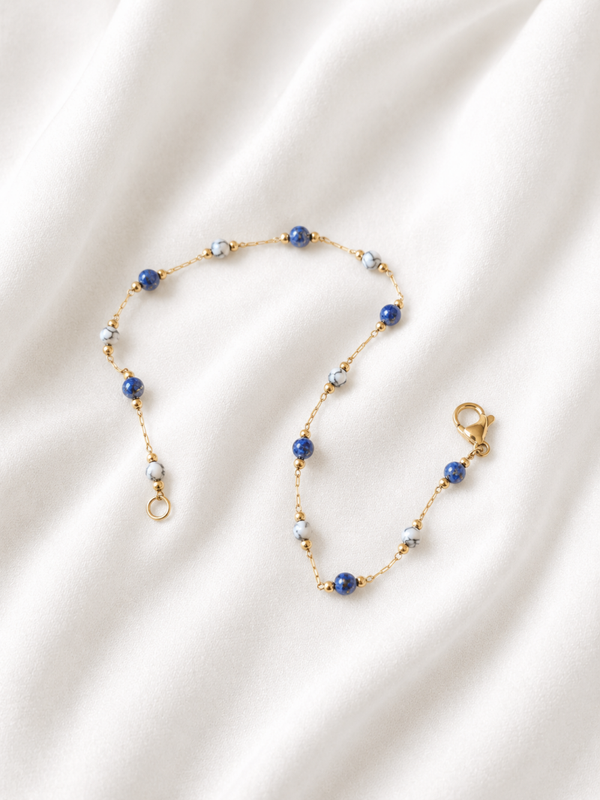 Bijou de Cheville Perles Bleues et Blanches – Acier Inoxydable Doré