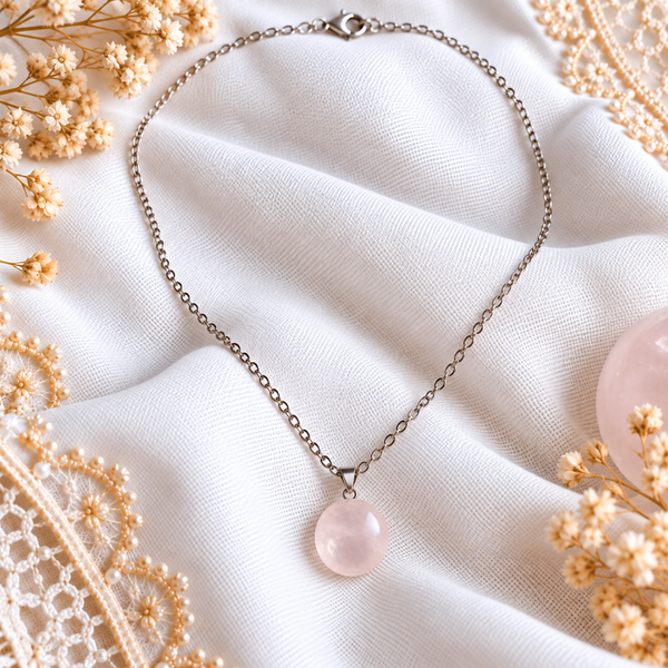 Collier Quartz Rose - Acier Inox Argenté