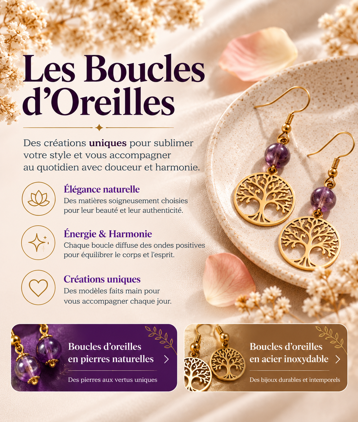Boucles d'oreilles : Boucles d'oreilles artisanales en pierres naturelles et acier inoxydable – Créas Fanala