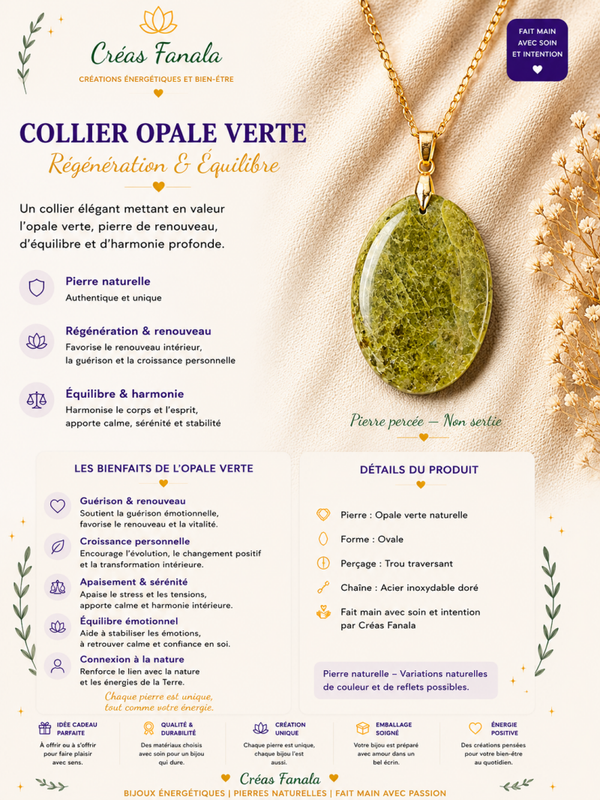 Collier en acier inoxydable doré et Opale Verte