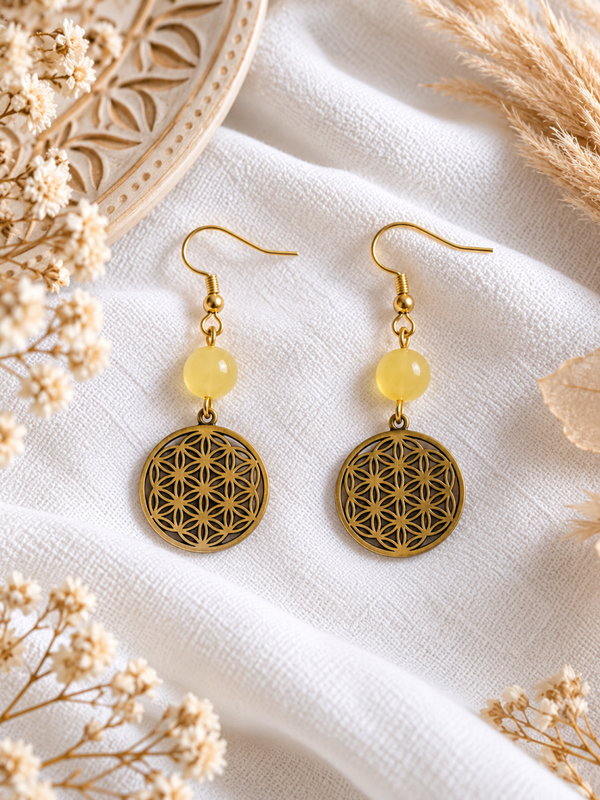 Boucles d'Oreilles Calcite Jaune Fleur de Vie - Doré