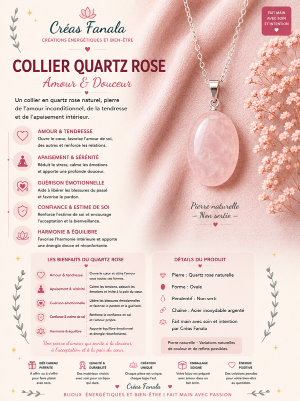 Collier en acier inoxydable et Quartz Rose