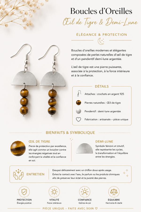 Boucles d’oreilles – Œil de Tigre & demi-lune argentée