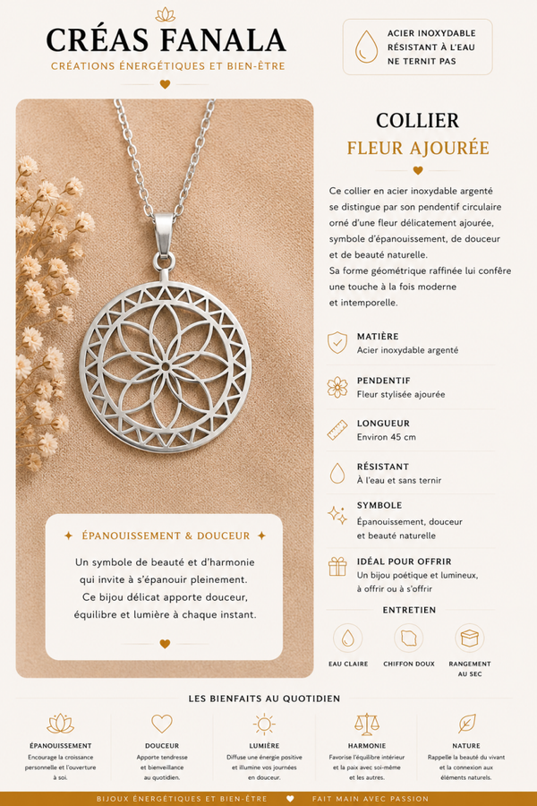 Collier en acier inoxydable – Fleur ajourée