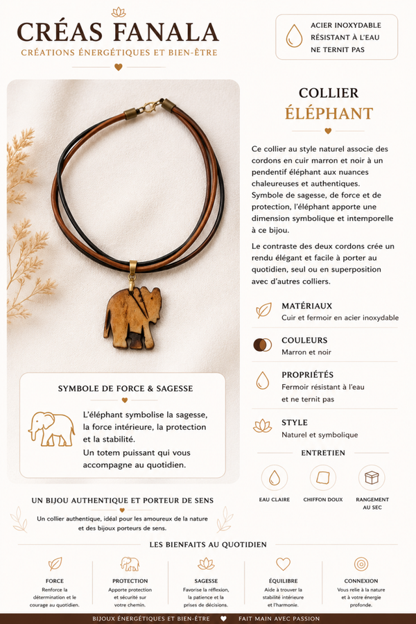 Rad de cou – Éléphant sur cordons cuir