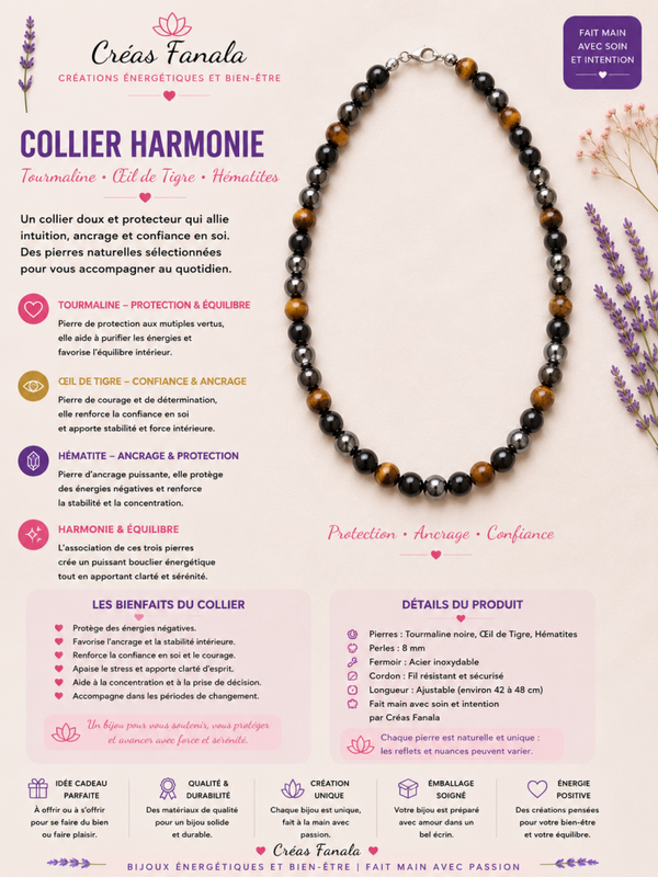 Collier triple protection – Hématite, Œil de Tigre & Tourmaline
