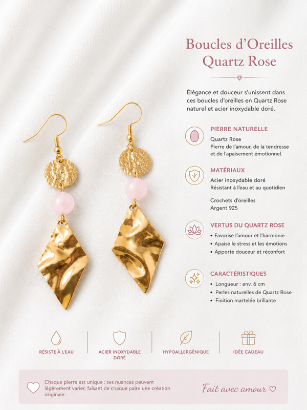 Boucles d’Oreilles Quartz Rose & Acier Inoxydable Doré
