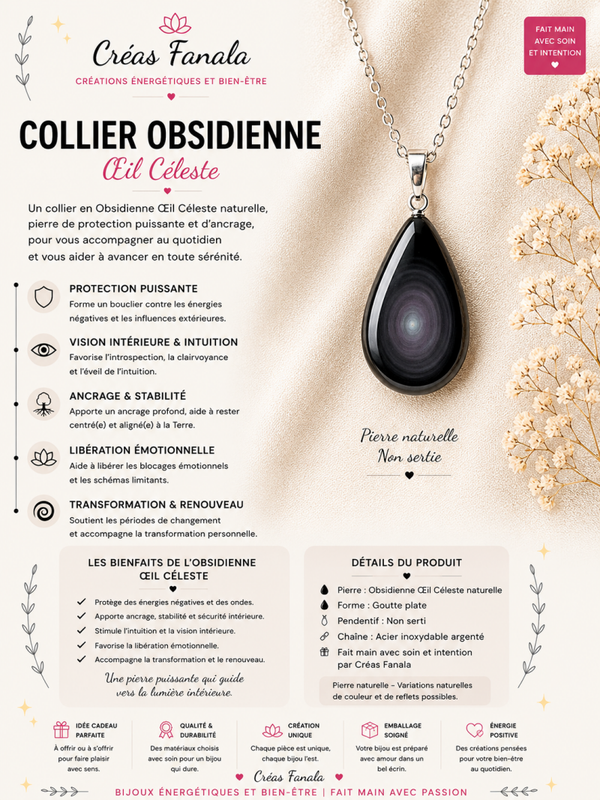 Collier en acier inoxydable et Obsidienne Œil Céleste