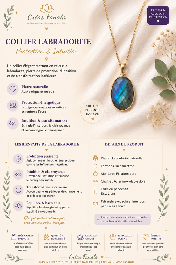Collier Labradorite sertie – Chaîne acier inoxydable doré
