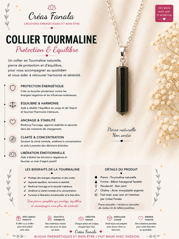 Collier en acier inoxydable et Tourmaline Noire