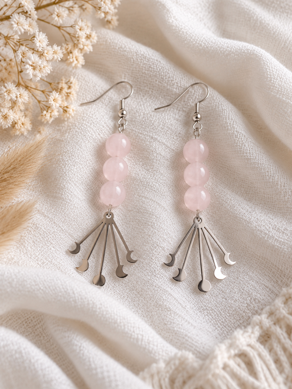 Boucles d'Oreilles Quartz Rose Lunaire - Argenté