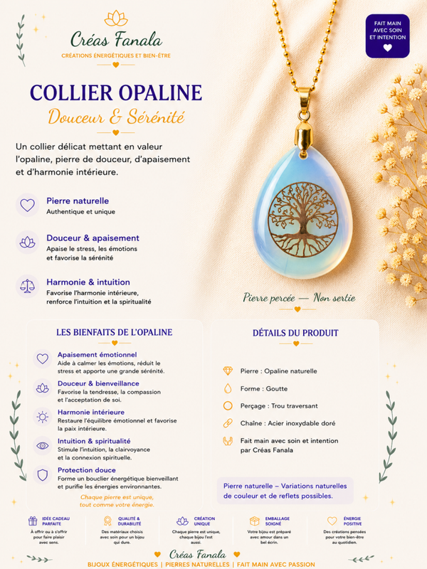 Collier en acier inoxydable doré et Opaline – Arbre de Vie