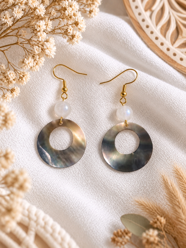 Boucles d'Oreilles Pierre de Lune & Nacre - Doré