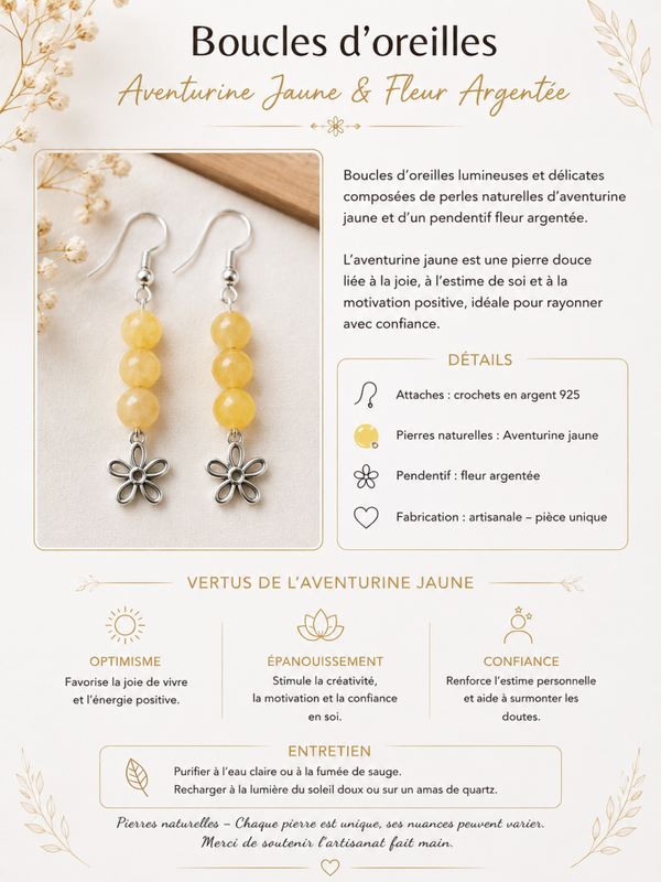 Boucles d’oreilles – Aventurine jaune & Fleur argentée