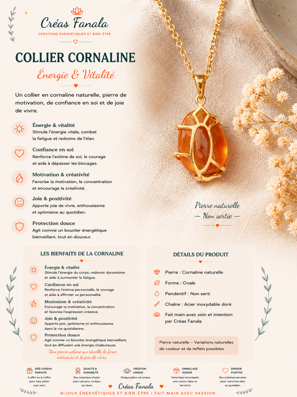 Collier en acier inoxydable doré et Cornaline en cage