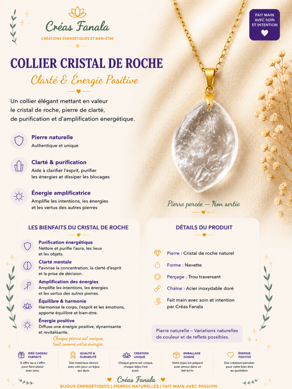 Collier en acier inoxydable doré et Cristal de Roche