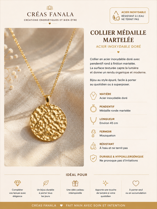 Collier médaille martelée – Acier inoxydable doré