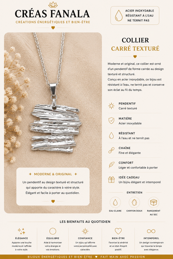 Collier pendentif carré texturé argenté – Acier inoxydable