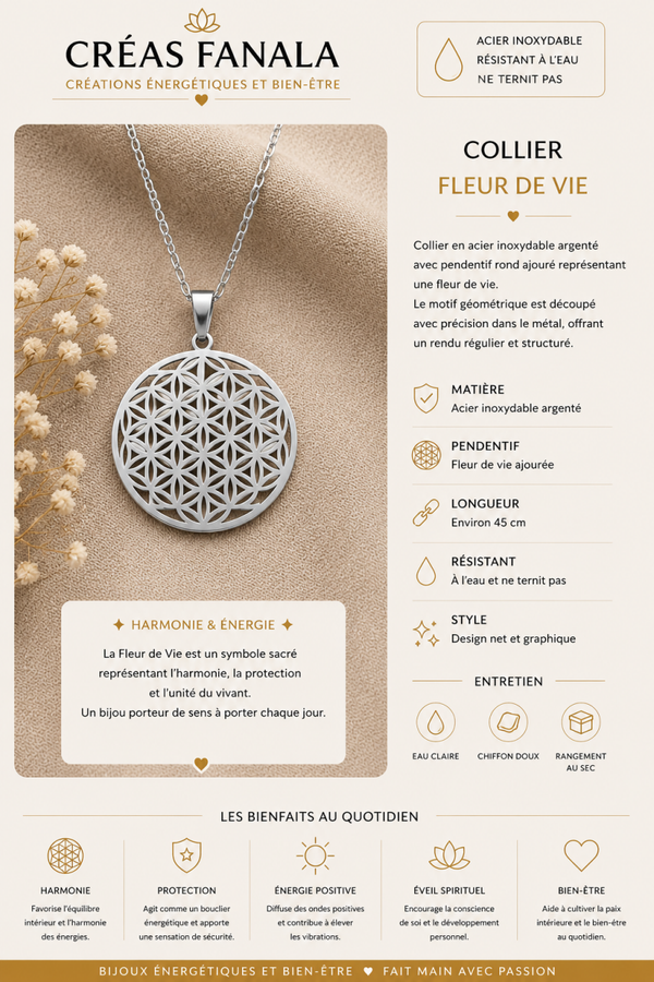 Collier Fleur de Vie – Acier inoxydable argenté