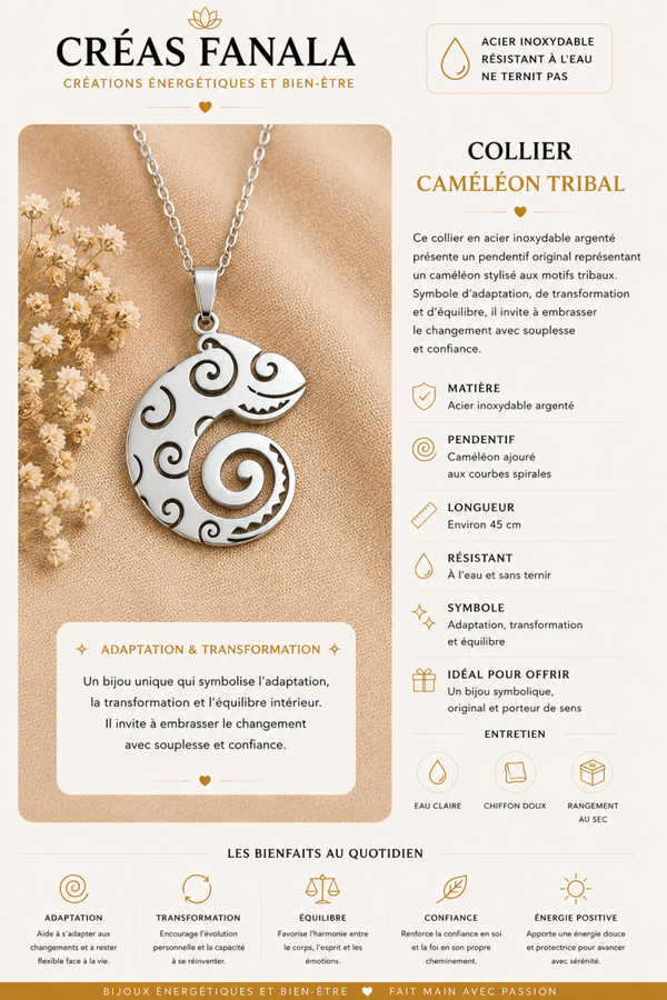 Collier en acier inoxydable – Caméléon tribal argenté