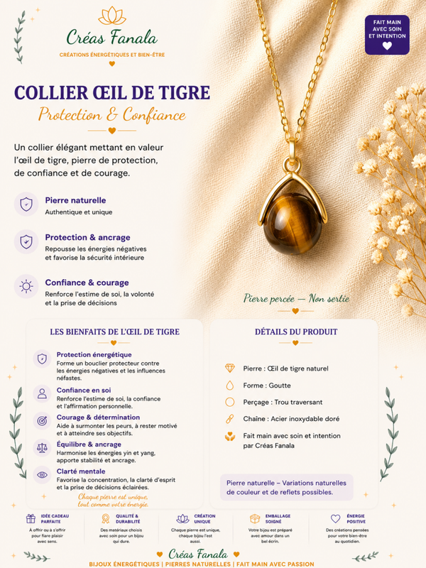 Collier en acier inoxydable doré et Œil de Tigre