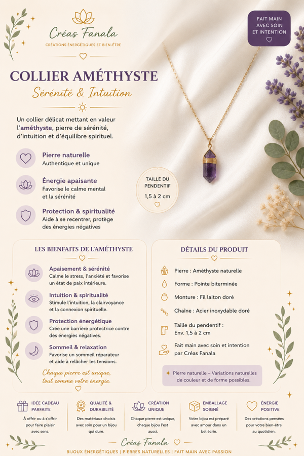 Collier Améthyste – Acier Inoxydable Doré