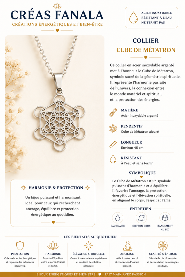 Collier en acier inoxydable – Cube de Métatron argenté