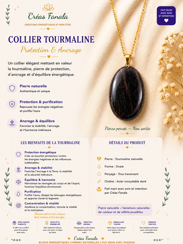 Collier en acier inoxydable & Tourmaline noire