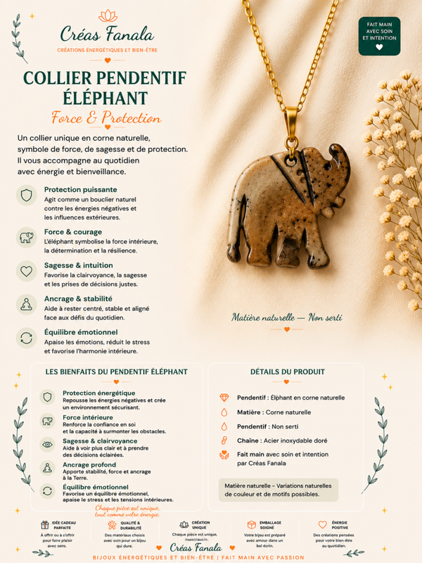 Collier éléphant sculpté et chaîne en acier inoxydable doré