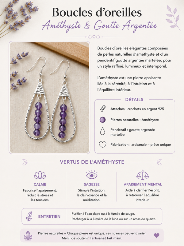 Boucles d’oreilles – Améthyste & Goutte Argentée