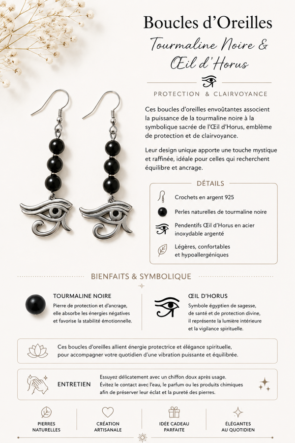 Boucles d’Oreilles Œil d’Horus & Tourmaline Noire – Protection & Énergie