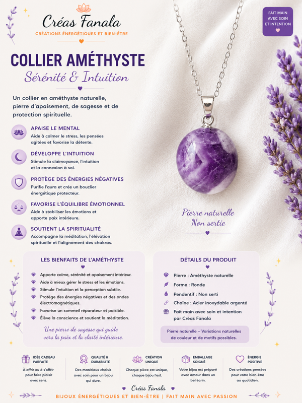 Collier Améthyste naturelle – Acier inoxydable