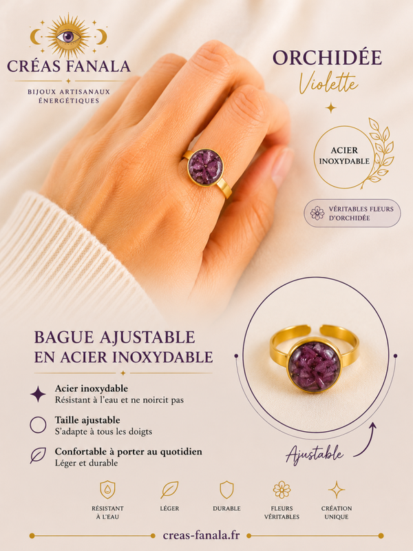 Bague Orchidée violette & résine époxy