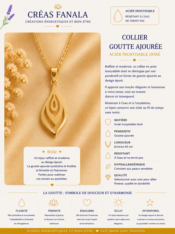 Collier en acier inoxydable – Goutte ajourée dorée
