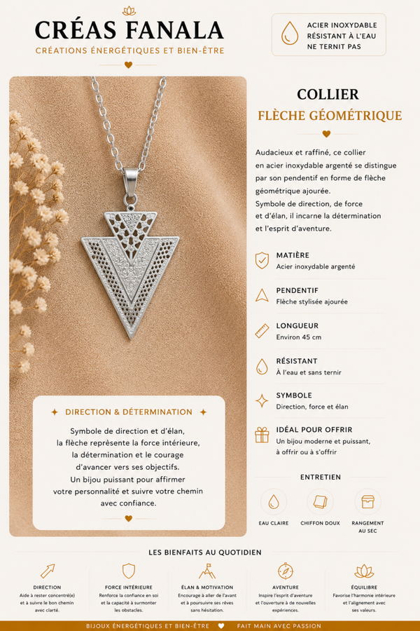 Collier en acier inoxydable – Flèche géométrique argentée