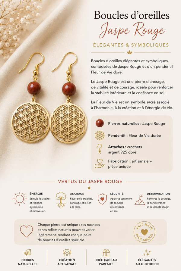 Boucles d’oreilles – Jaspe Rouge & Fleur de Vie