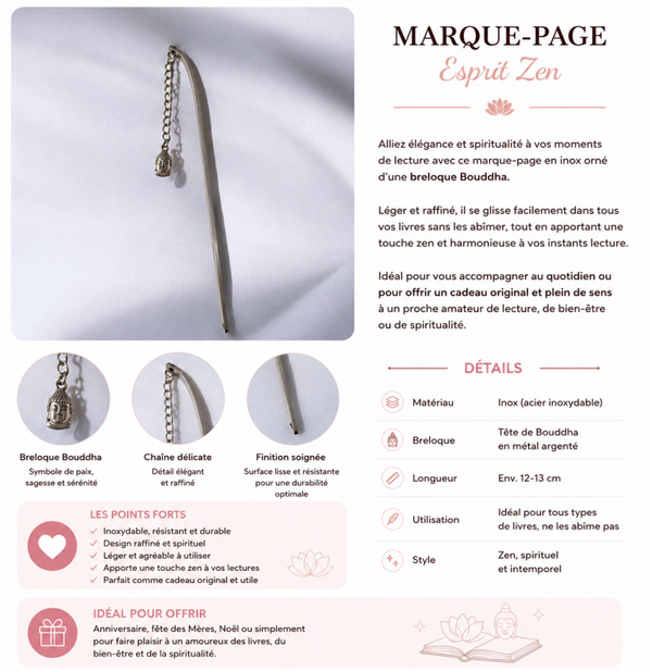 Marque-page en Inox avec Breloque Bouddha