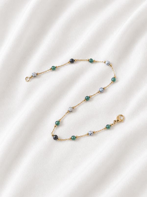 Bijou de Cheville Perles Vertes et Grises – Acier Inoxydable Doré