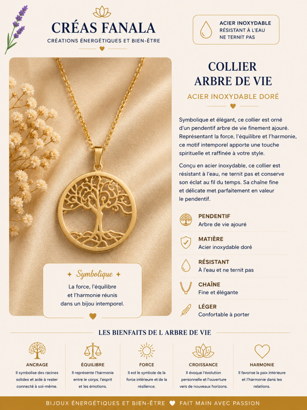 Collier arbre de vie doré – Acier inoxydable