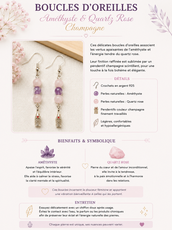 Boucles d’Oreilles Améthyste & Quartz Rose – Douceur & Harmonie