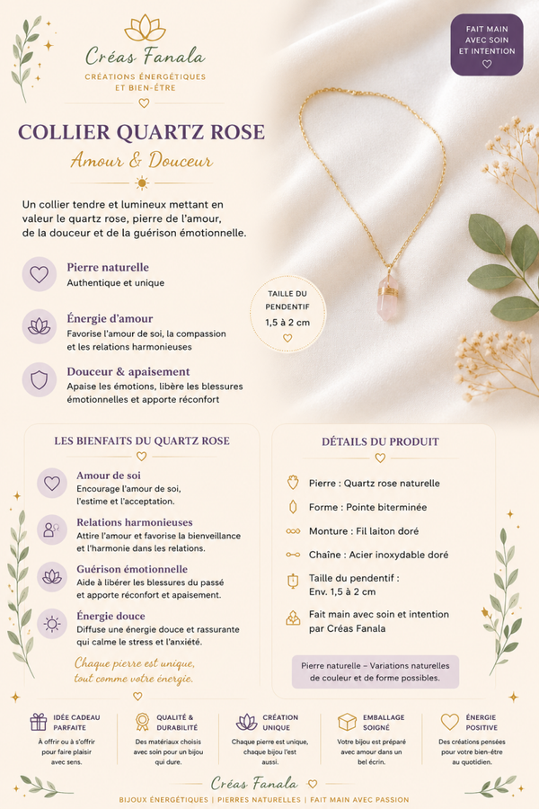 Collier Quartz Rose – Acier Inoxydable Doré