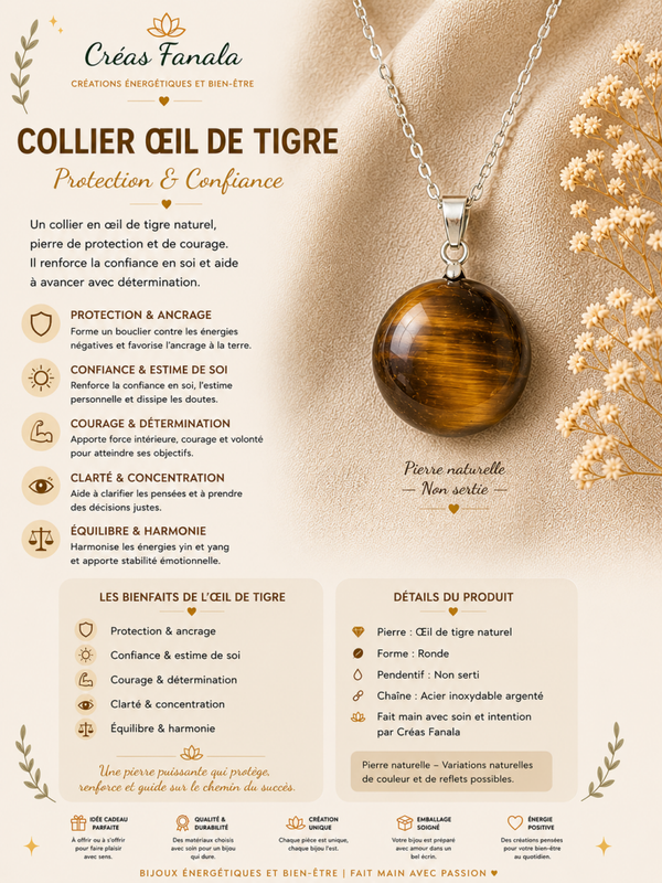 Collier Œil de Tigre naturel – Acier inoxydable