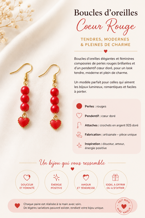 Boucles d’oreilles – Perles rouges & pendentif cœur doré