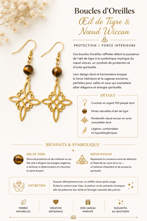 Boucles d’Oreilles Œil de Tigre & Nœud Wiccan – Protection & Force Intérieure