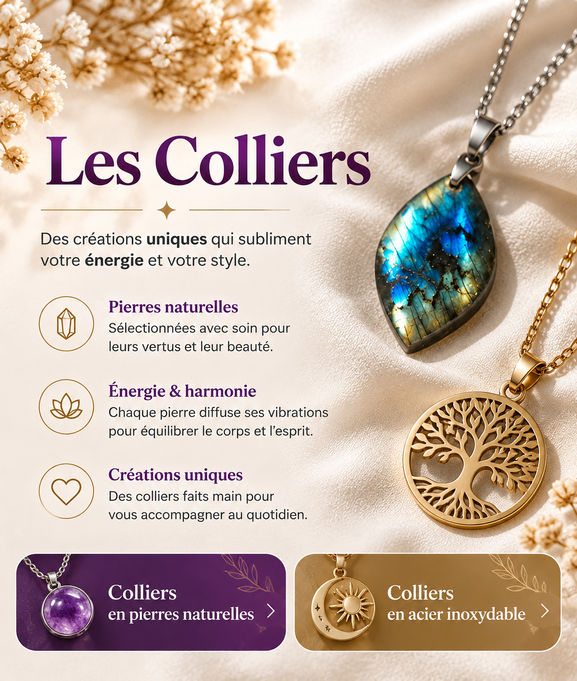 Colliers artisanaux en pierres naturelles et acier inoxydable – Créas Fanala