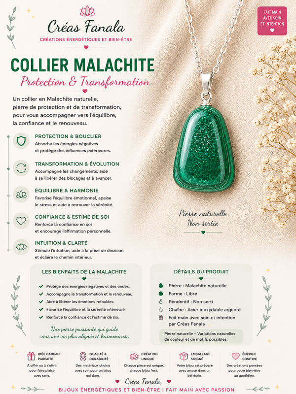 Collier en acier inoxydable et Malachite