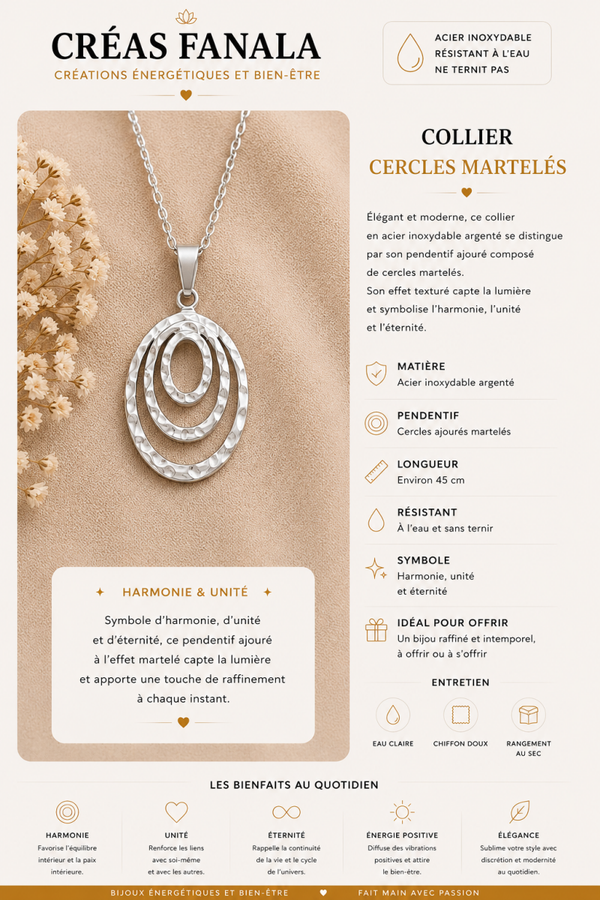 Collier en acier inoxydable – Cercles martelés argentés